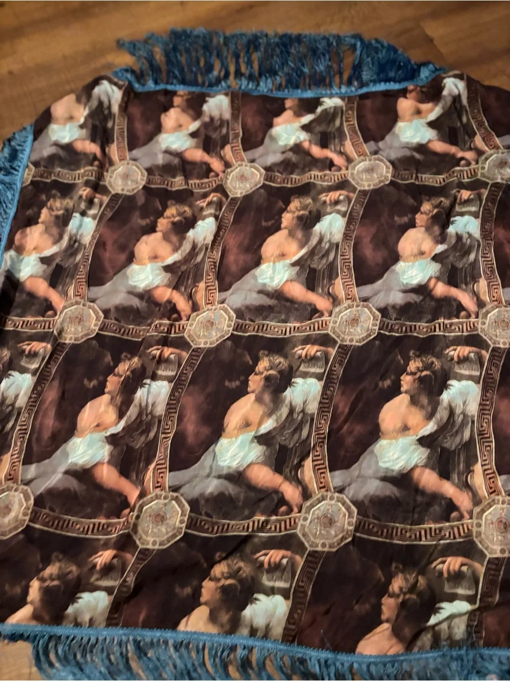 Vintage Liana Ross, Raphael cherub art tapestry fringe featuring classic angelic